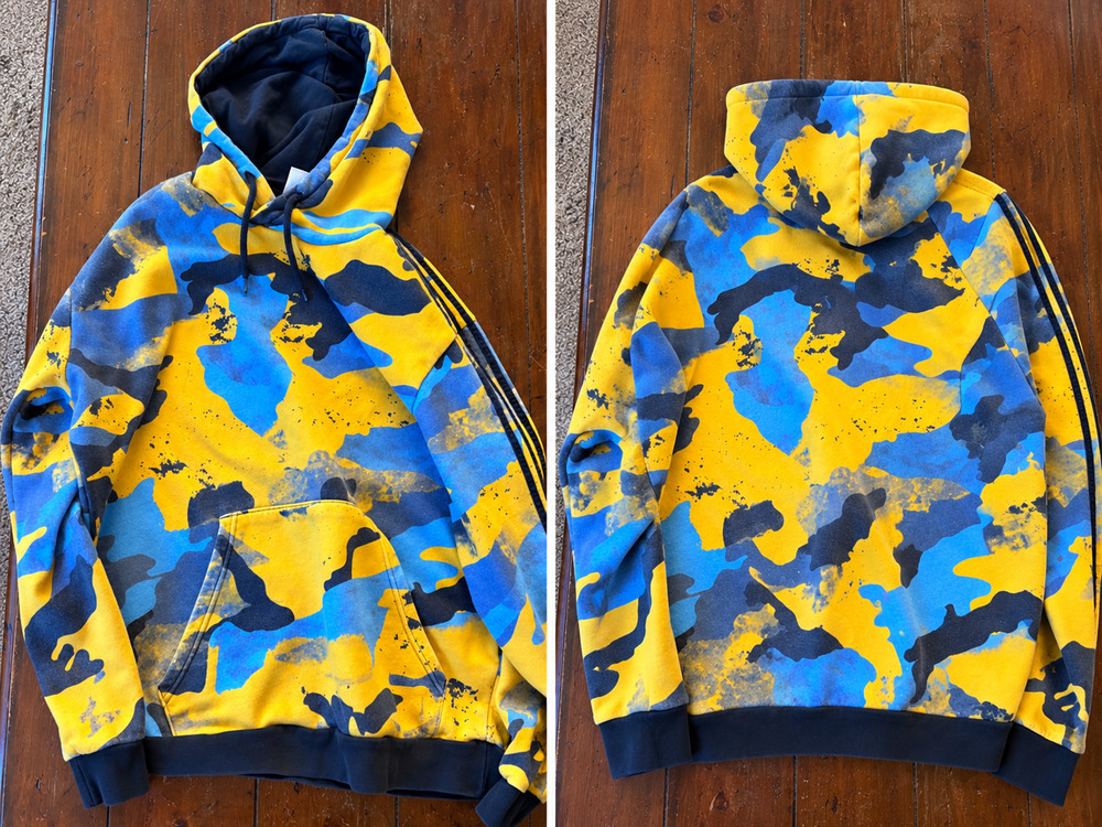 adidas Originals HK2804 Camo Allover Print Hoodie Blue Yellow Men’s Large